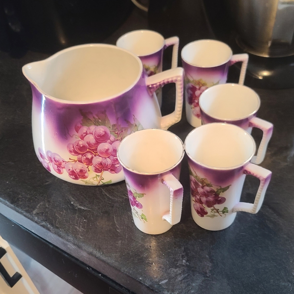 Vtg Antique Dresden China Lemonade Pitcher & 5 Cups Early 1900s Grapes Fruit